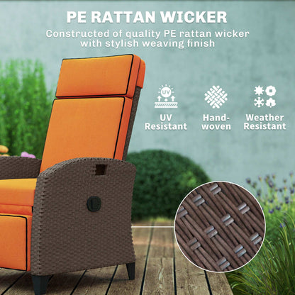Outsunny Garden Recliner with Cushion, Outdoor Recliner Chair with Adjustable Backrest & Footrest, Side Tray, Orange