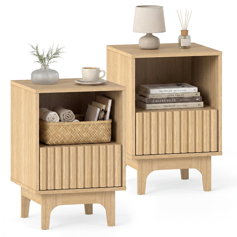 Brooklyn Fluted Modern Nightstand Set of 2 with Compartment-Natural
