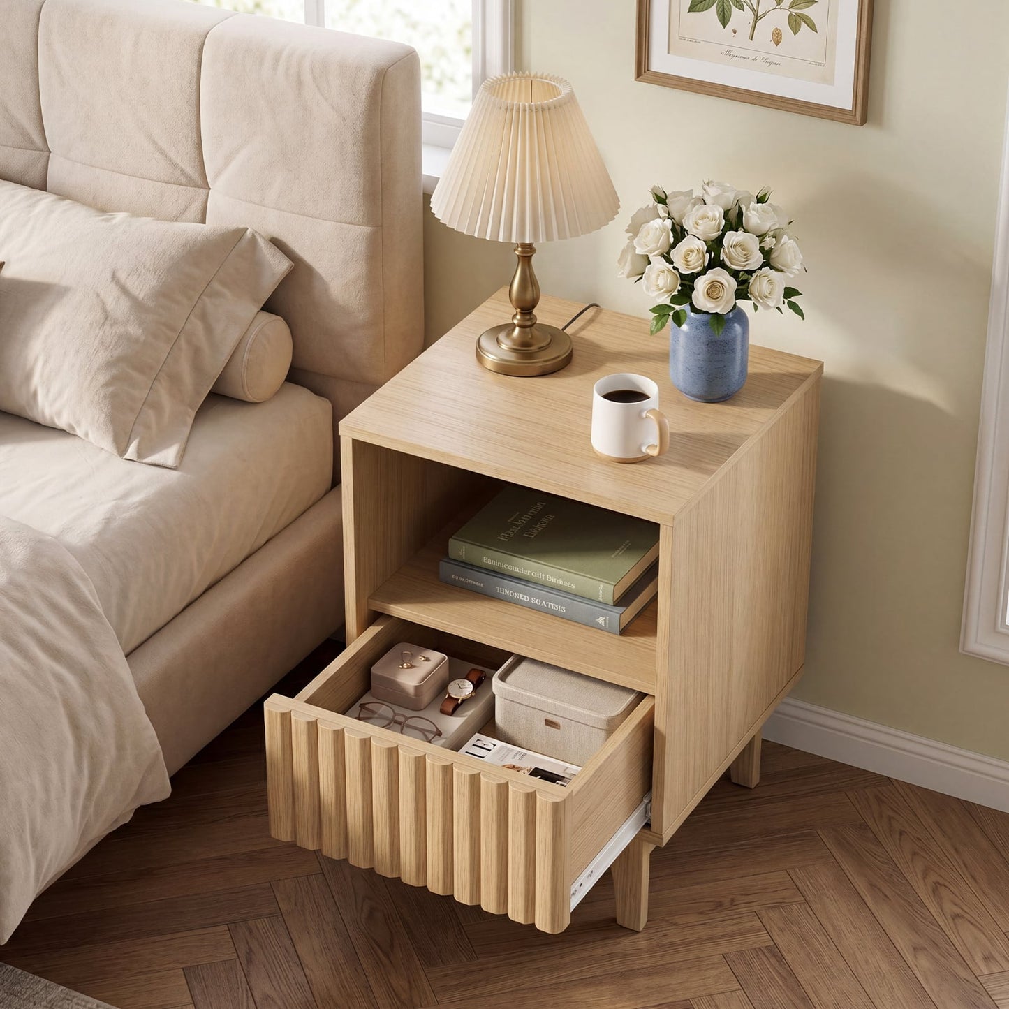 Brooklyn Fluted Modern Nightstand Set of 2 with Compartment-Natural