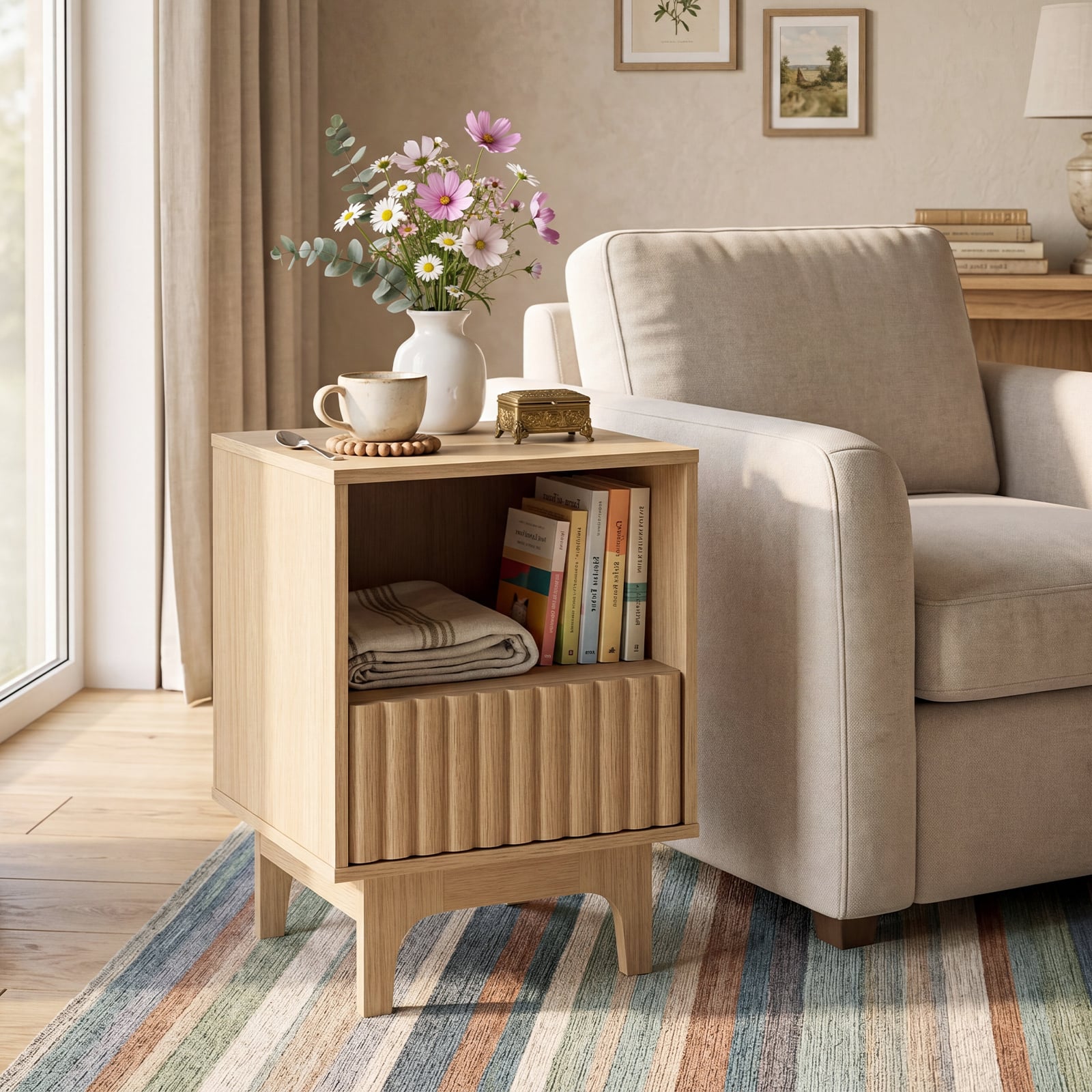 Brooklyn Fluted Modern Nightstand Set of 2 with Compartment-Natural