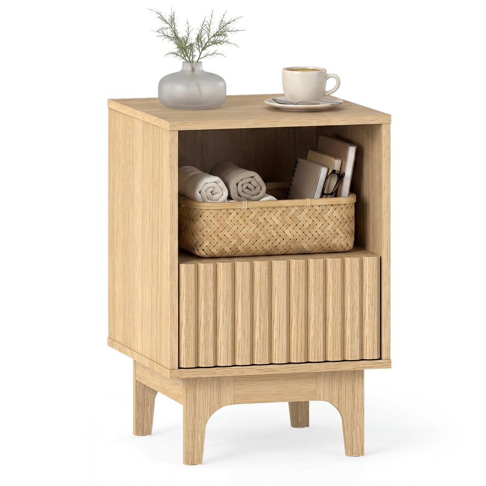 Brooklyn Fluted Nightstand Modern Wooden Night Stand with Open Compartment-Natural