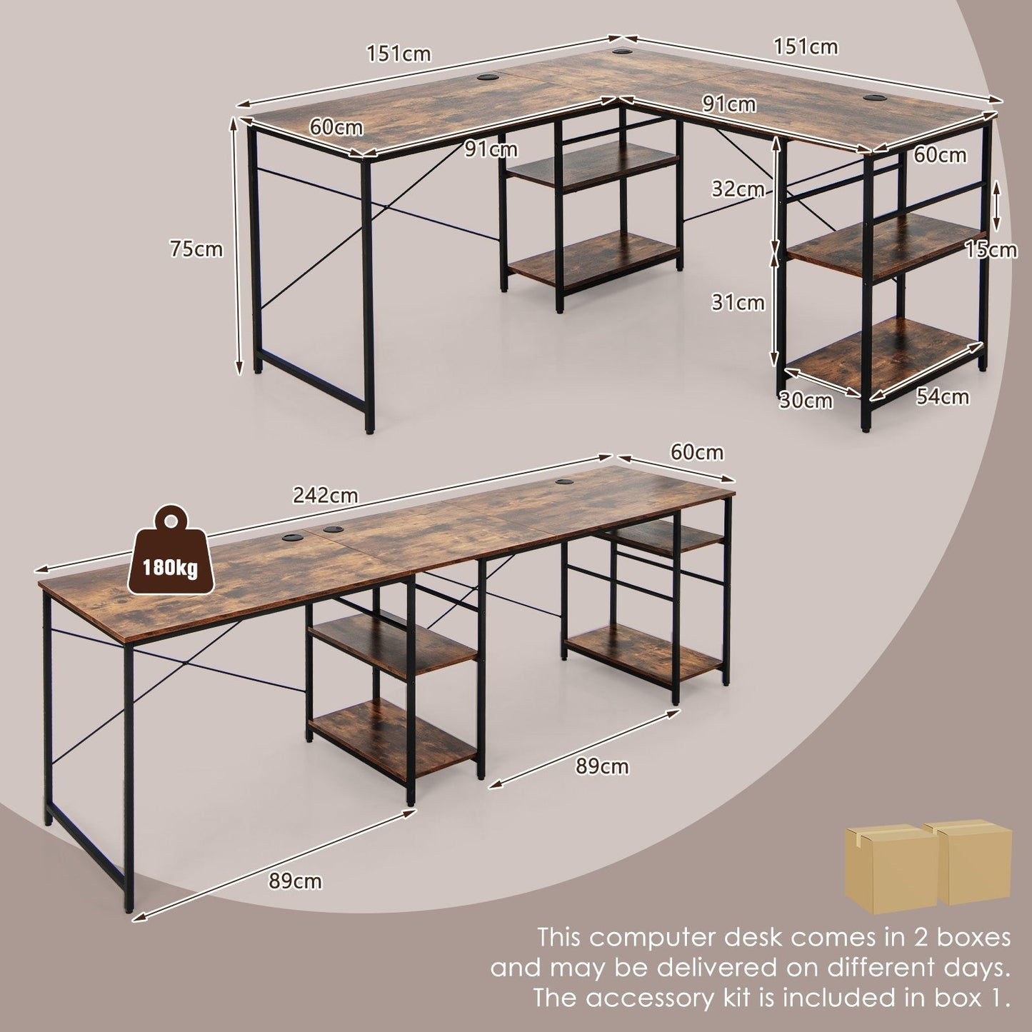 Wooden Industrial L-Shaped Desk with Storage Shelves-Rustic Brown