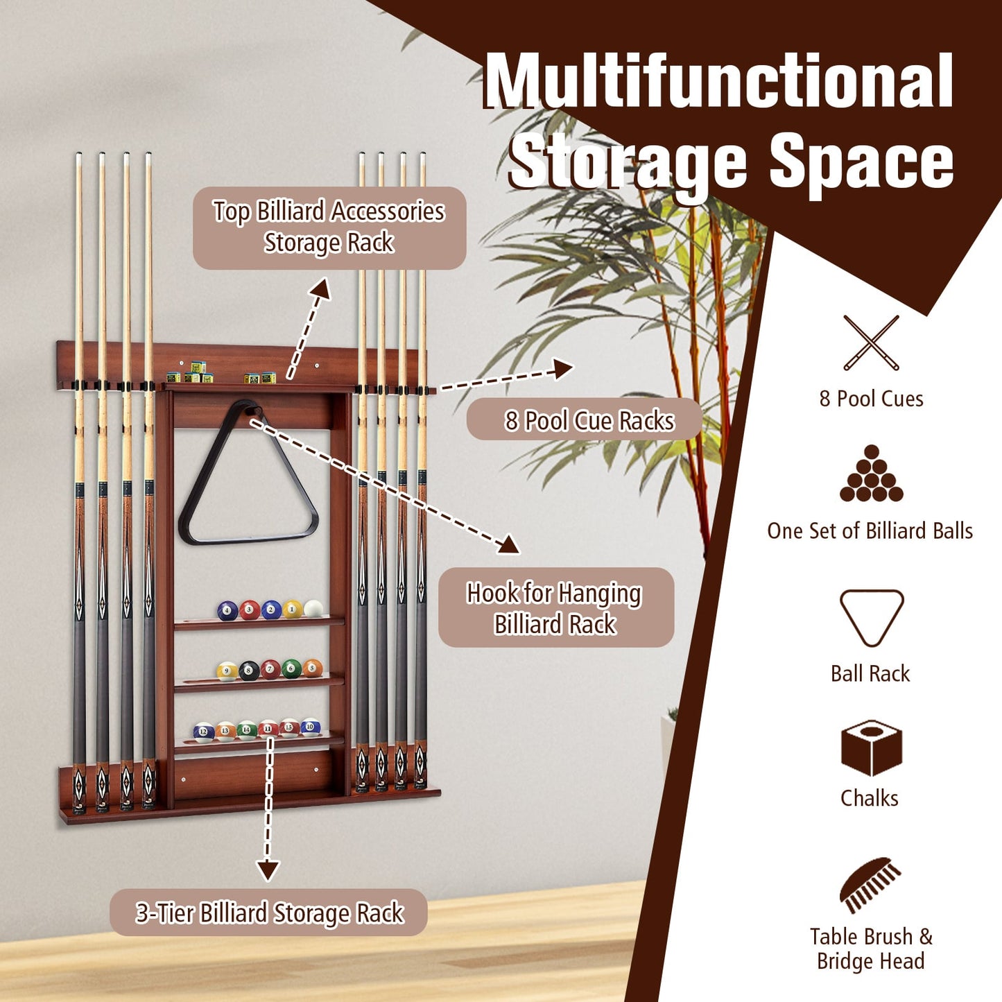 Wall-Mounted Billiards Pool Cue Rack-Brown