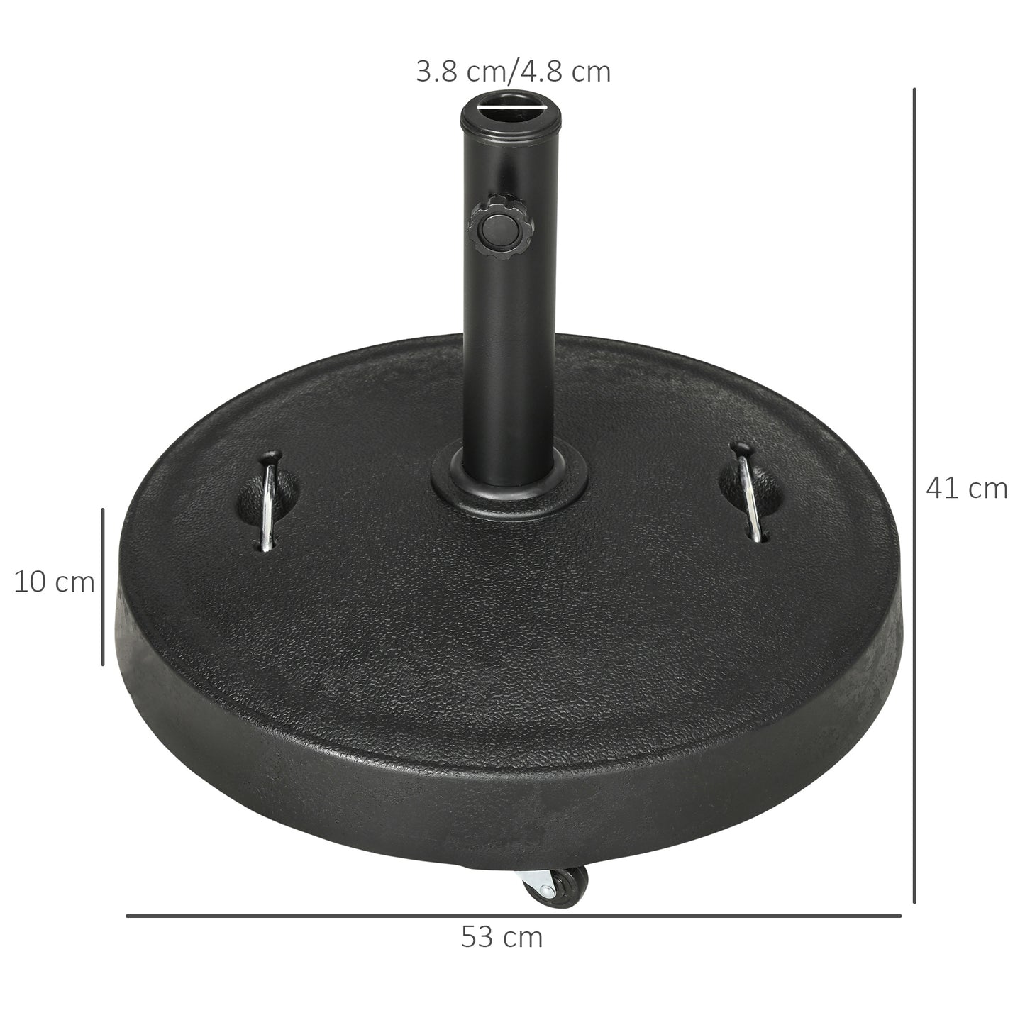 Outsunny 25kg Resin Garden Parasol Base with Wheels and Retractable Handles, Round Outdoor Market Umbrella Stand Weight for Poles of Î¦38mm to Î¦48mm, Black