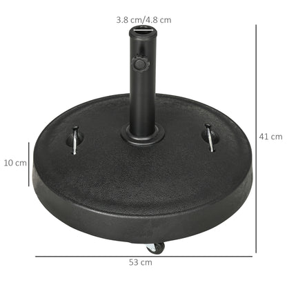 Outsunny 25kg Resin Garden Parasol Base with Wheels and Retractable Handles, Round Outdoor Market Umbrella Stand Weight for Poles of Î¦38mm to Î¦48mm, Black