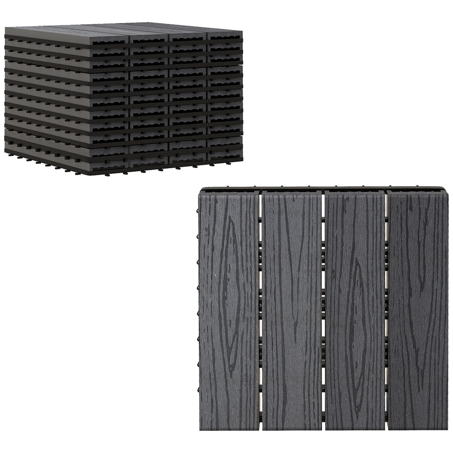 Outsunny WPC Interlocking Decking Tiles, Pack of 11 Interlocking Patio Paving Slabs, 30 x 30 x 2.2 cm, Grey