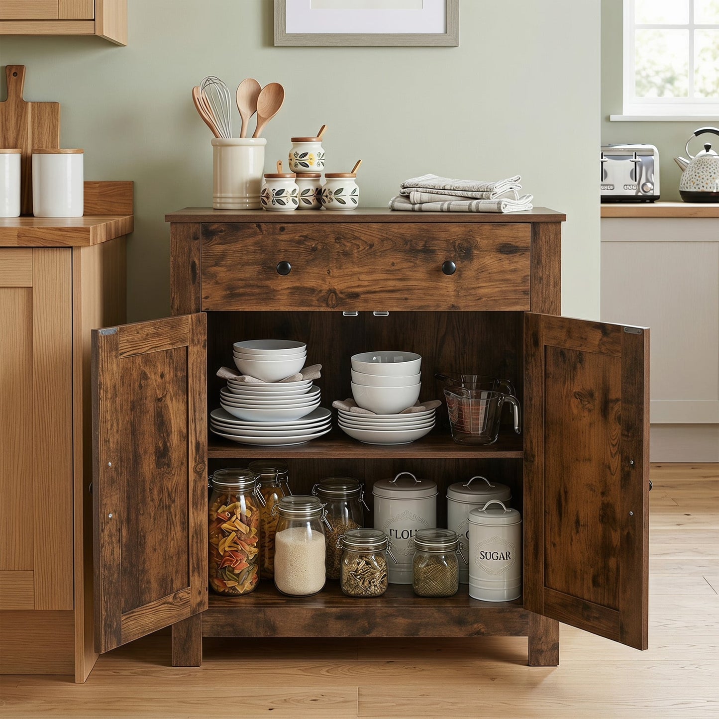 Buffet Cabinet 80 cm Farmhouse Side Board Cabinet with 5-Tier Adjustable Shelf-Rustic Brown