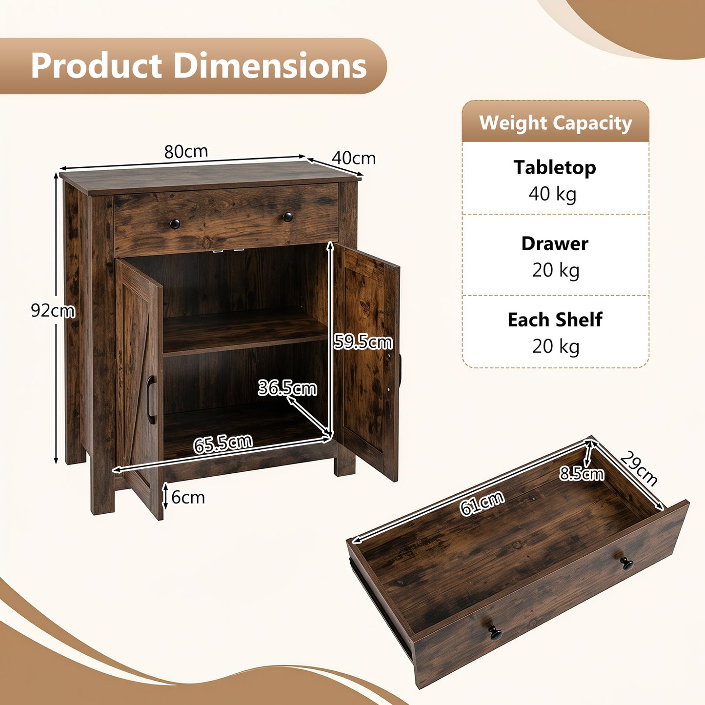 Buffet Cabinet 80 cm Farmhouse Side Board Cabinet with 5-Tier Adjustable Shelf-Rustic Brown