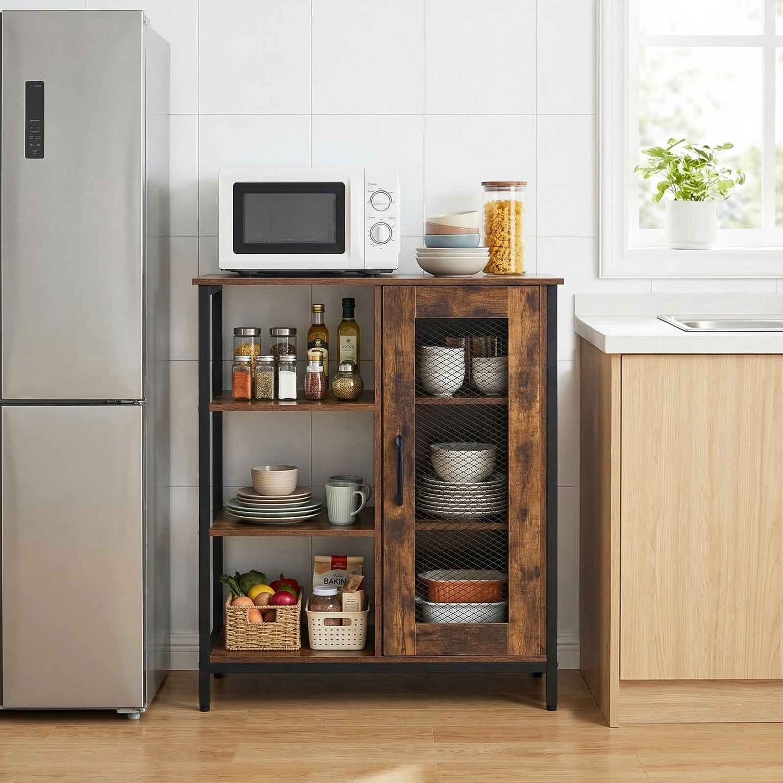 Buffet Cabinet with Adjustable Shelves and Carbon Steel Frame for Living Room-Rustic Brown