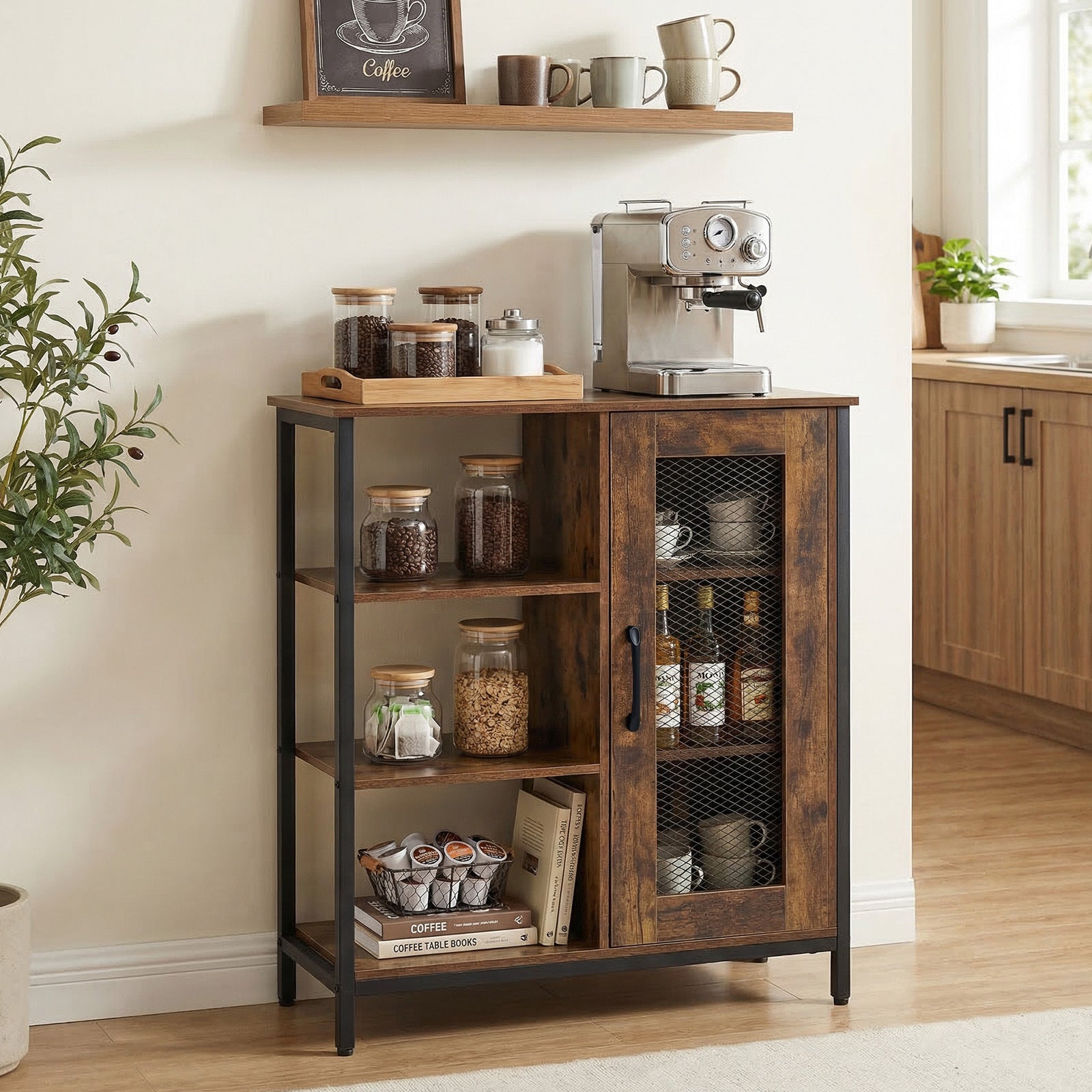 Buffet Cabinet with Adjustable Shelves and Carbon Steel Frame for Living Room-Rustic Brown