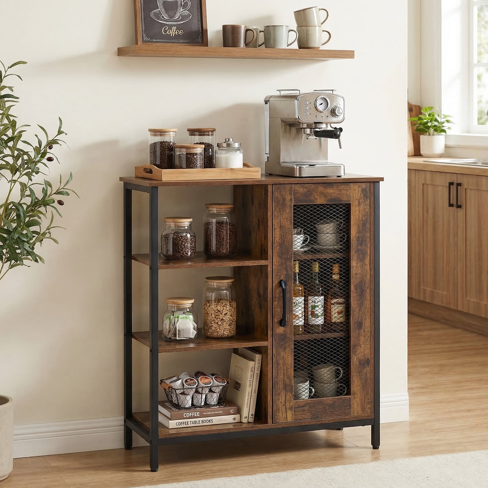 Buffet Cabinet with Adjustable Shelves and Carbon Steel Frame for Living Room-Rustic Brown