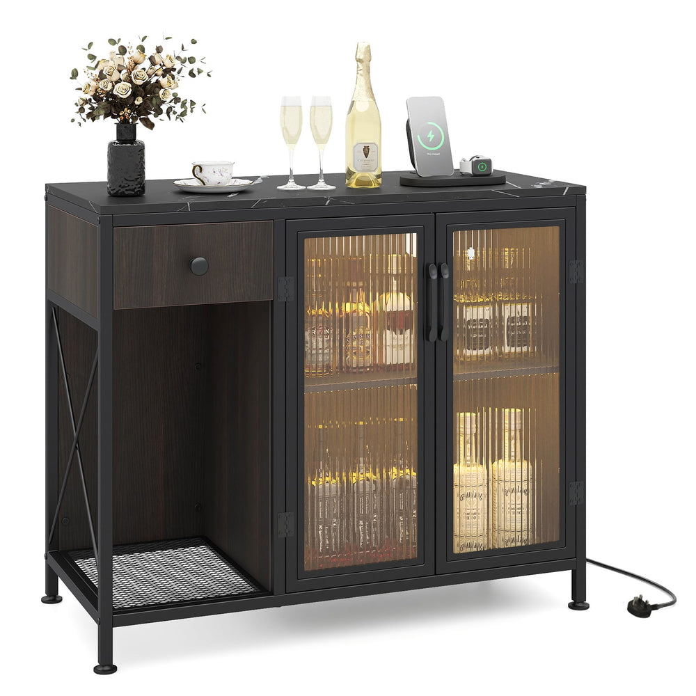 Buffet Sideboard with Power Outlets and LED Light Kitchen Storage Cabinet-Black