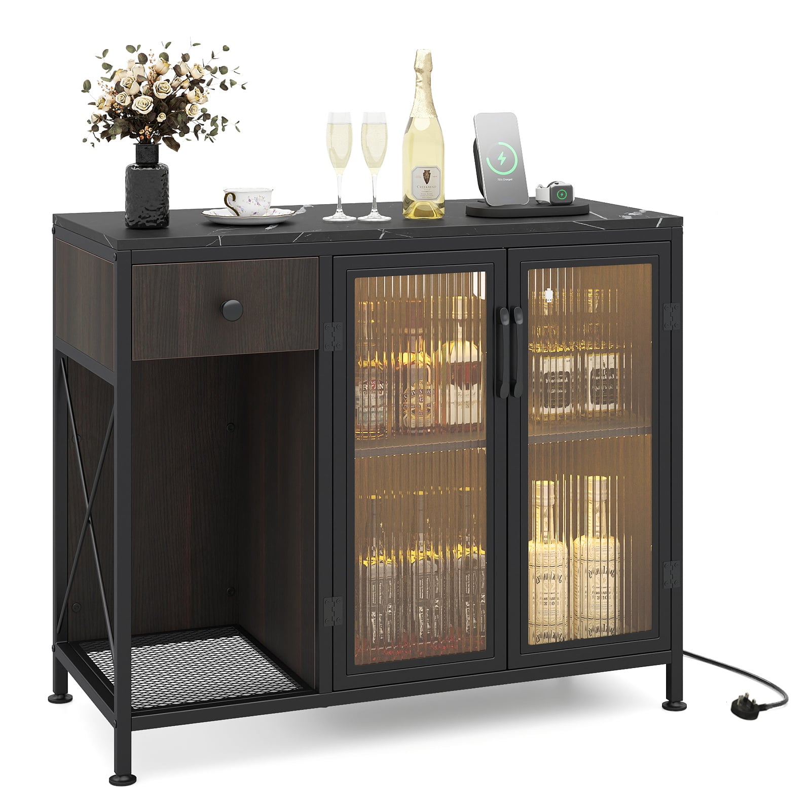 Buffet Sideboard with Power Outlets and LED Light Kitchen Storage Cabinet-Black