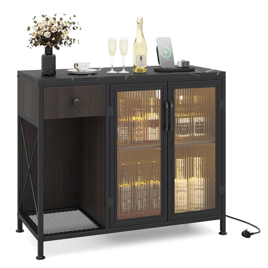 Buffet Sideboard with Power Outlets and LED Light Kitchen Storage Cabinet-Black