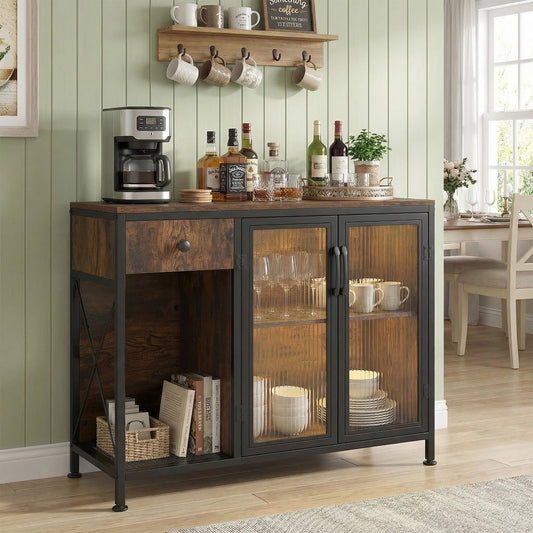Buffet Sideboard with Power Outlets and LED Light Kitchen Storage Cabinet-Rustic Brown