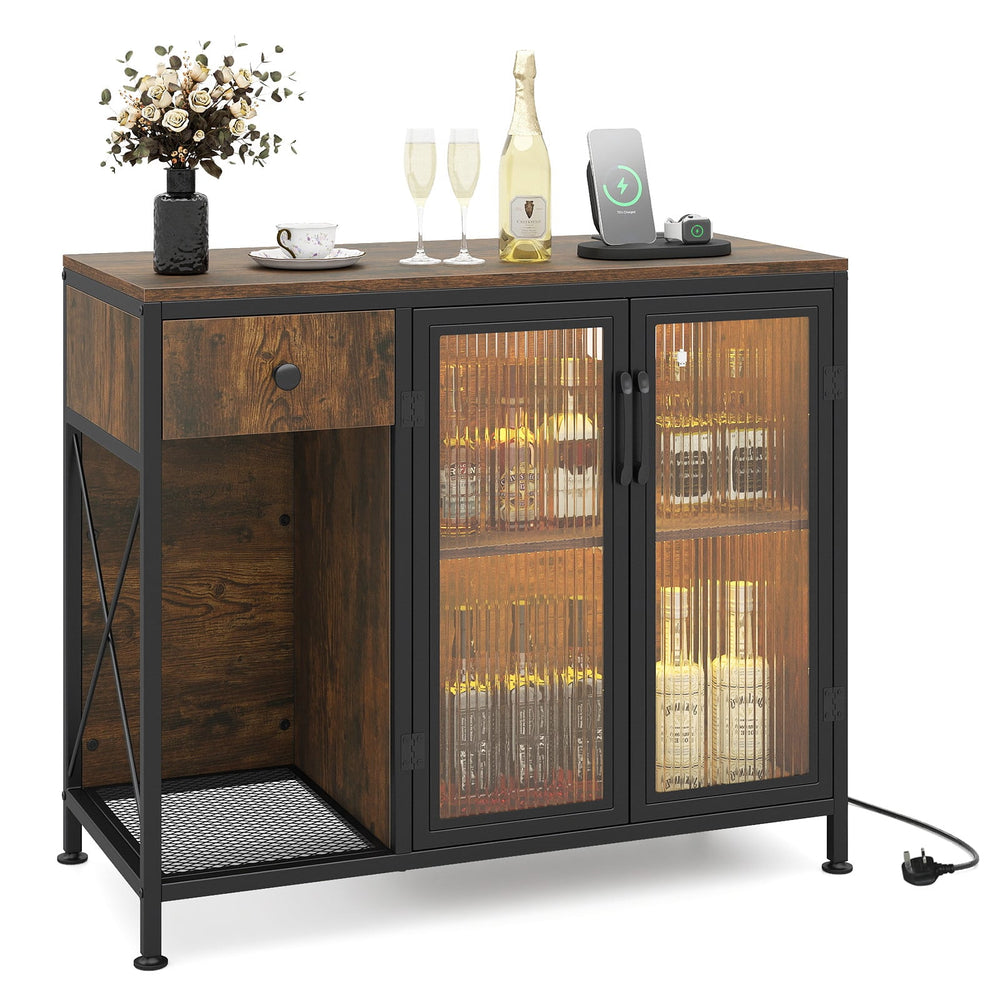 Buffet Sideboard with Power Outlets and LED Light Kitchen Storage Cabinet-Rustic Brown