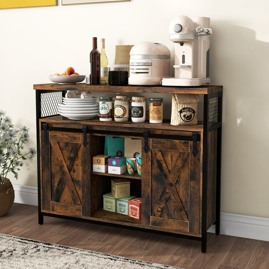 Buffet Cabinet Farmhouse Coffee Bar Cabinet with 3-Level Adjustable Shelves-Rustic Brown