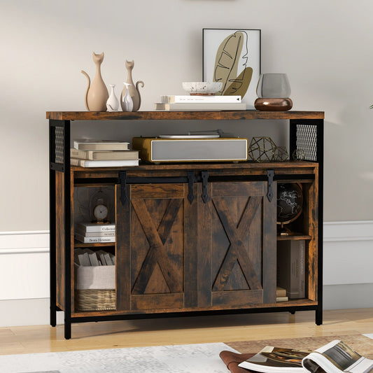 Buffet Cabinet Farmhouse Coffee Bar Cabinet with 3-Level Adjustable Shelves-Rustic Brown