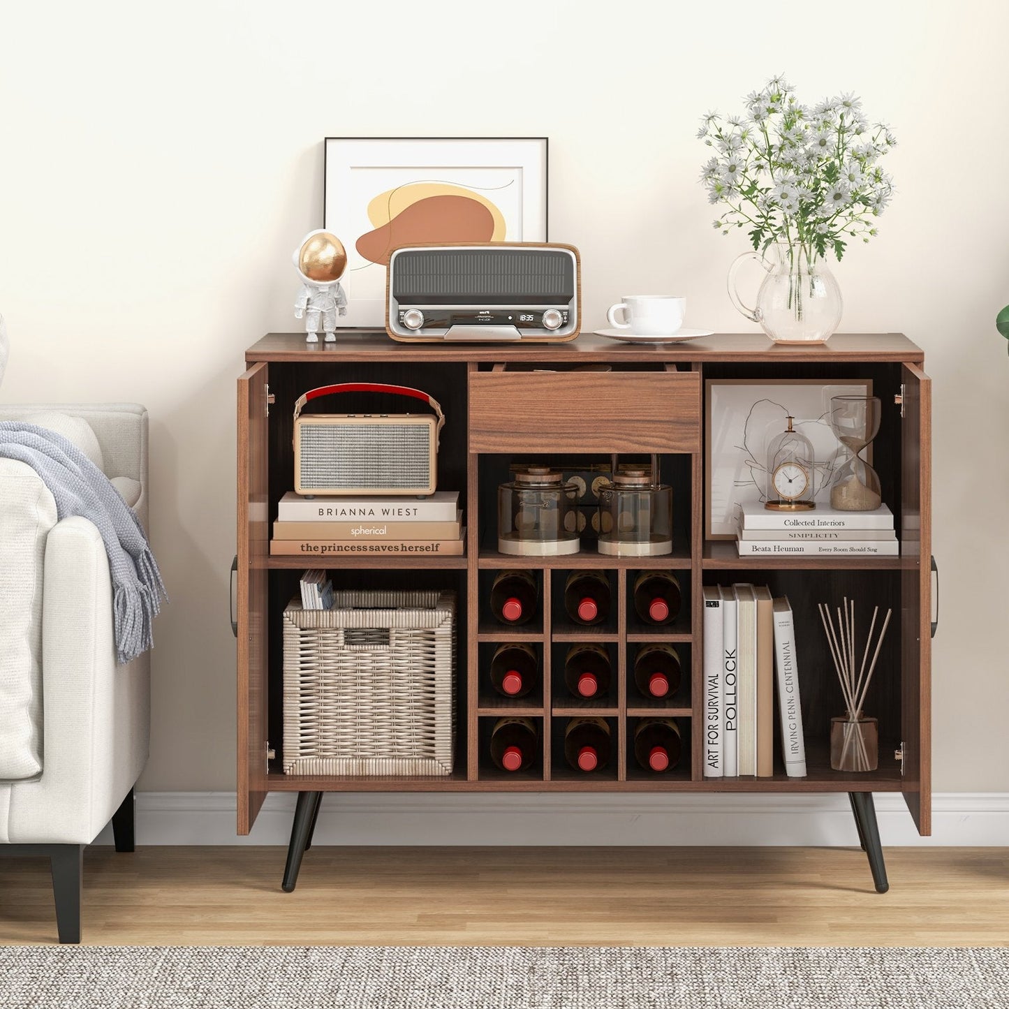 Mid-century Modern Buffet Server Cabinet with Adjustable Shelves-Walnut