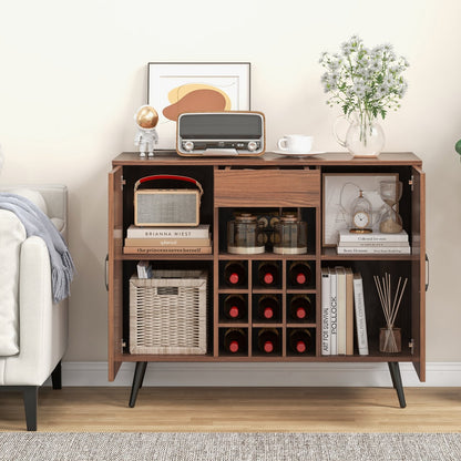 Mid-century Modern Buffet Server Cabinet with Adjustable Shelves-Walnut