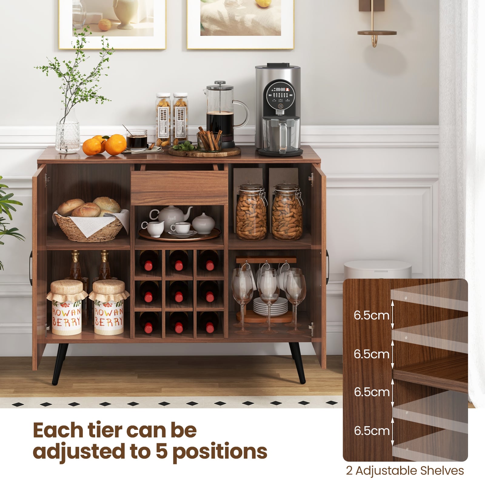 Mid-century Modern Buffet Server Cabinet with Adjustable Shelves-Walnut