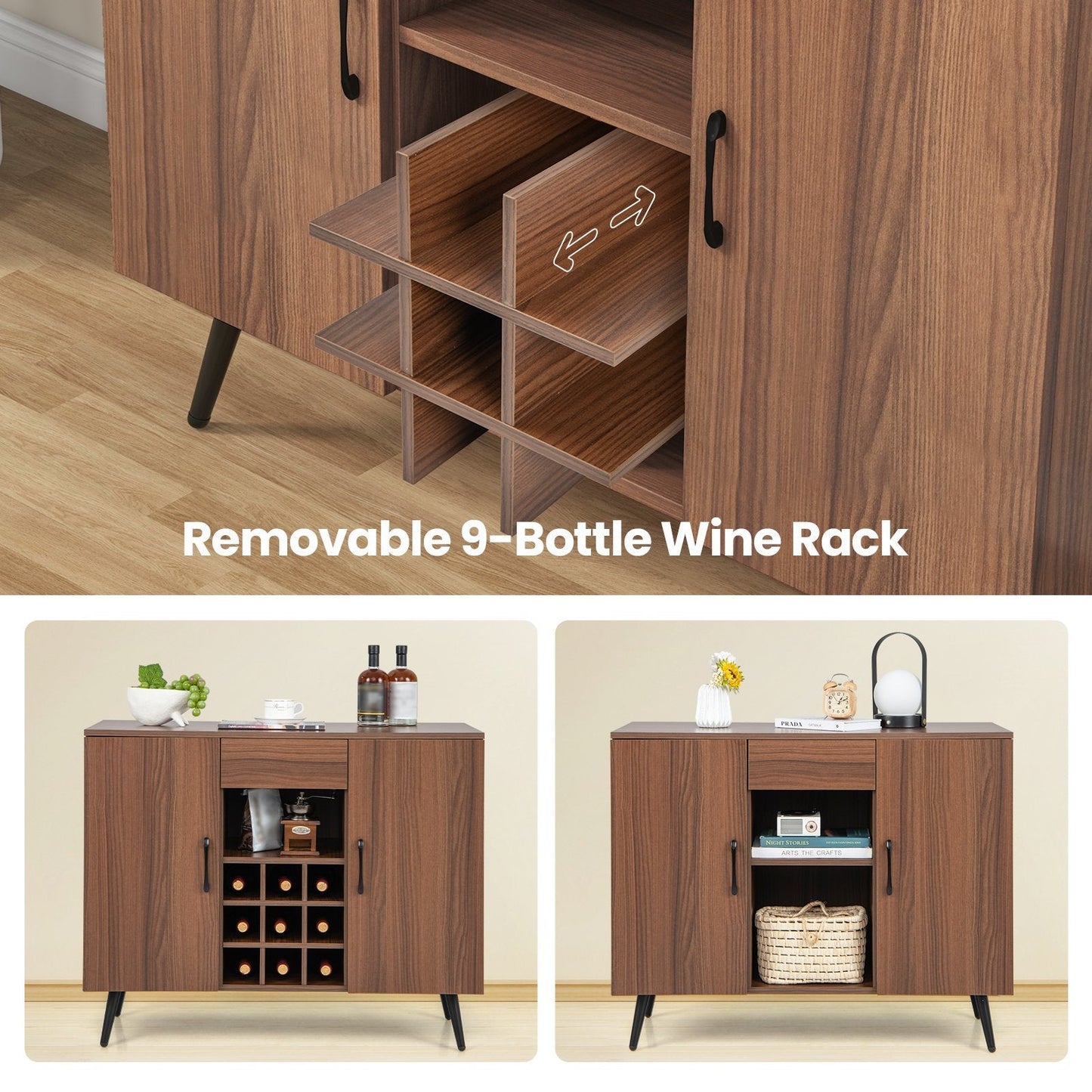 Mid-century Modern Buffet Server Cabinet with Adjustable Shelves-Walnut