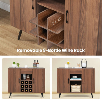 Mid-century Modern Buffet Server Cabinet with Adjustable Shelves-Walnut