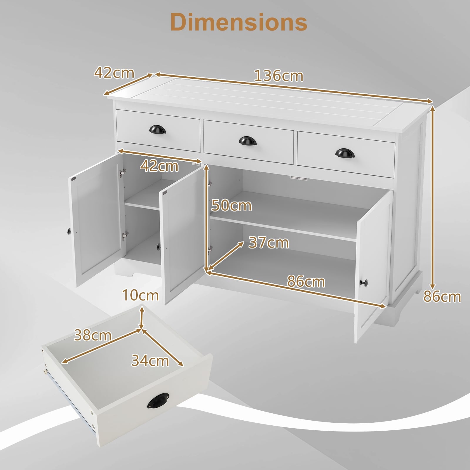Modern Buffet Sideboard 136cm Storage Cabinet with 3 Drawers-White