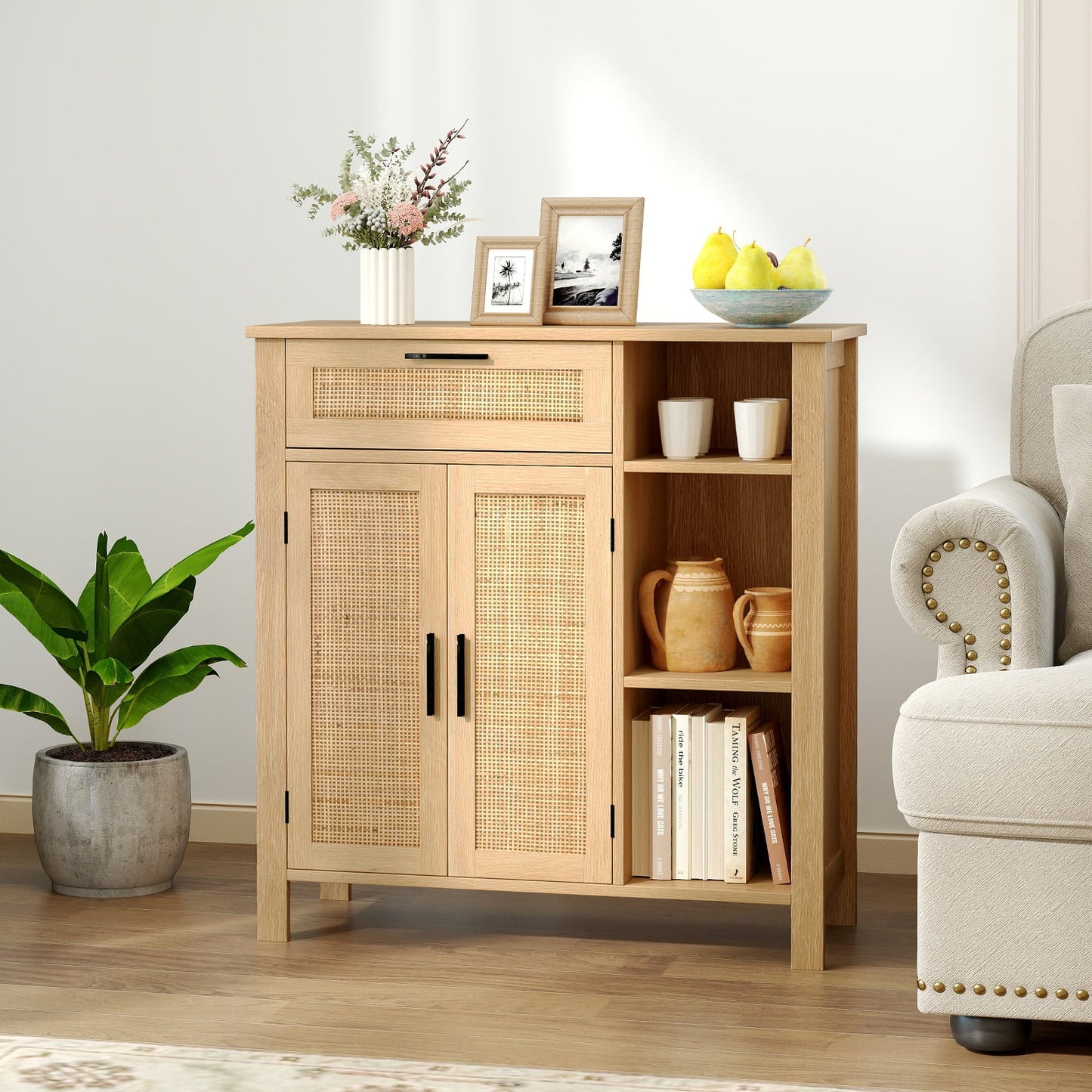Buffet Sideboard with Rattan Woven Doors and Adjustable Shelf-Natural