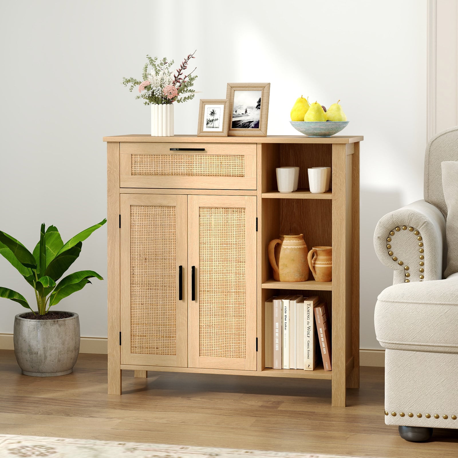 Buffet Sideboard with Rattan Woven Doors and Adjustable Shelf-Natural