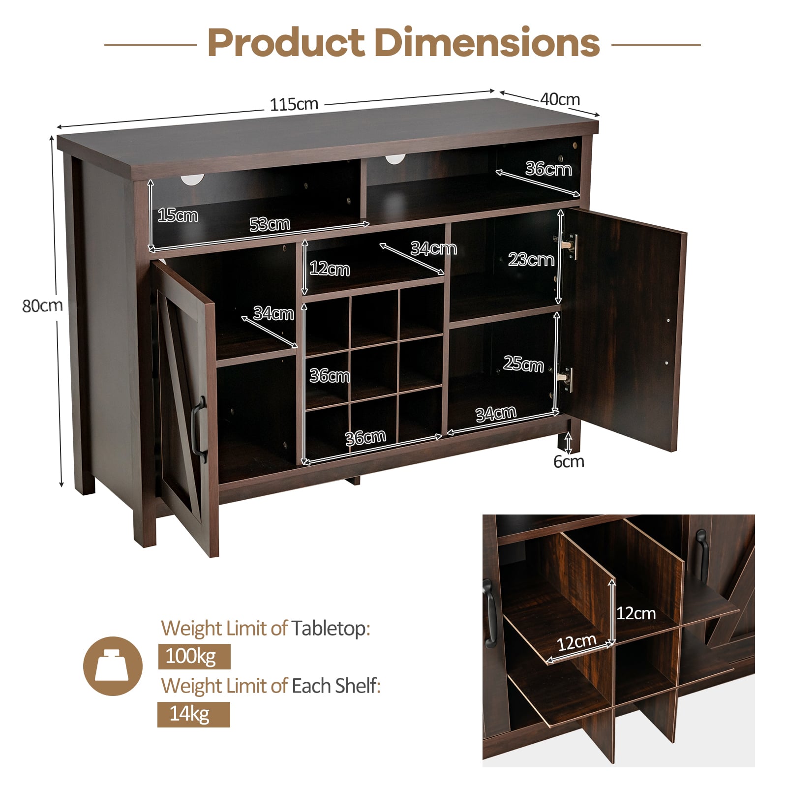 Buffet Storage Cabinet with Detachable 9-Bottle Wine Rack and 2 Door Cabinets-Dark Brown