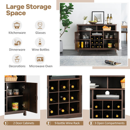 Buffet Storage Cabinet with Detachable 9-Bottle Wine Rack and 2 Door Cabinets-Dark Brown