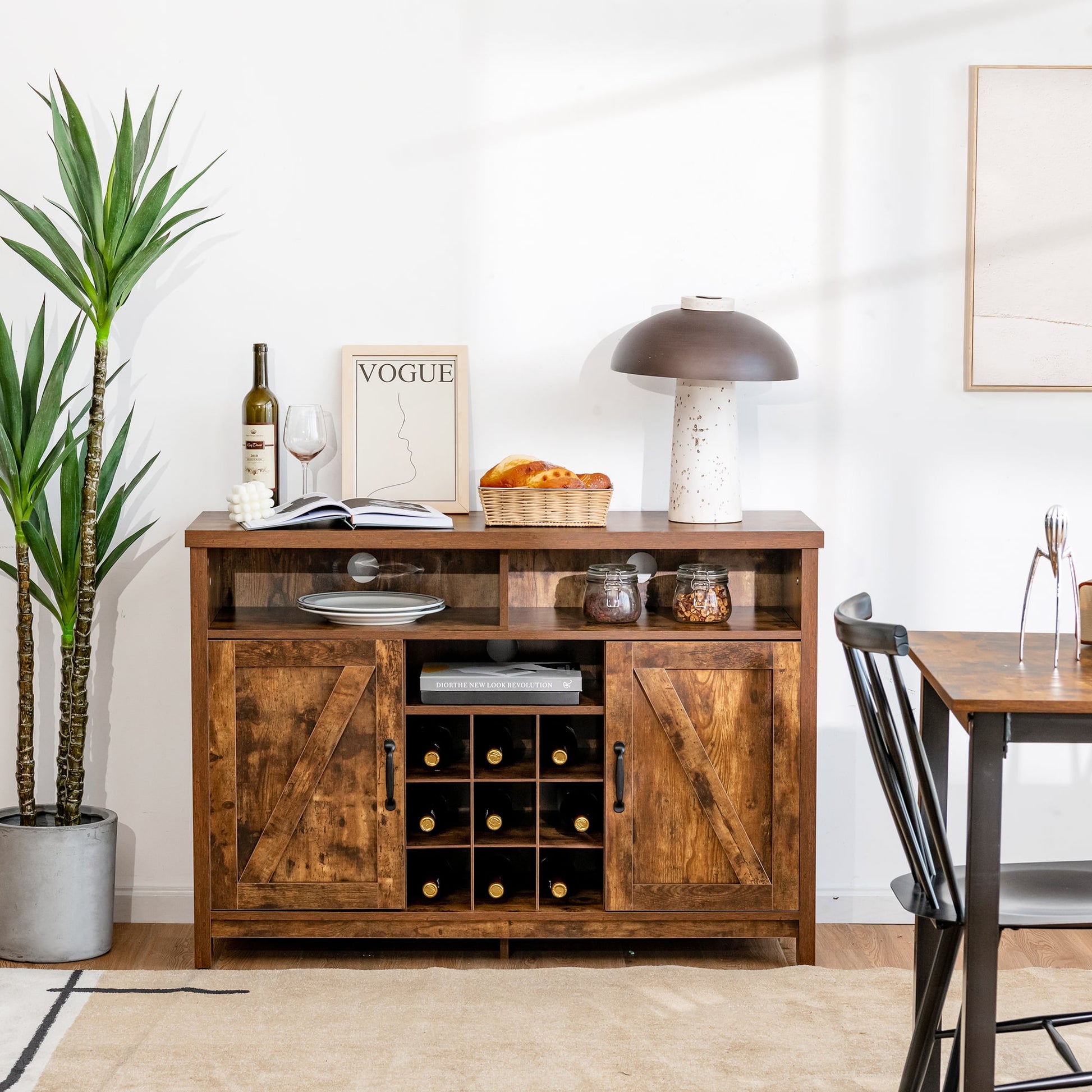 Buffet Storage Cabinet with Detachable 9-Bottle Wine Rack and 2 Door Cabinets-Rustic Brown