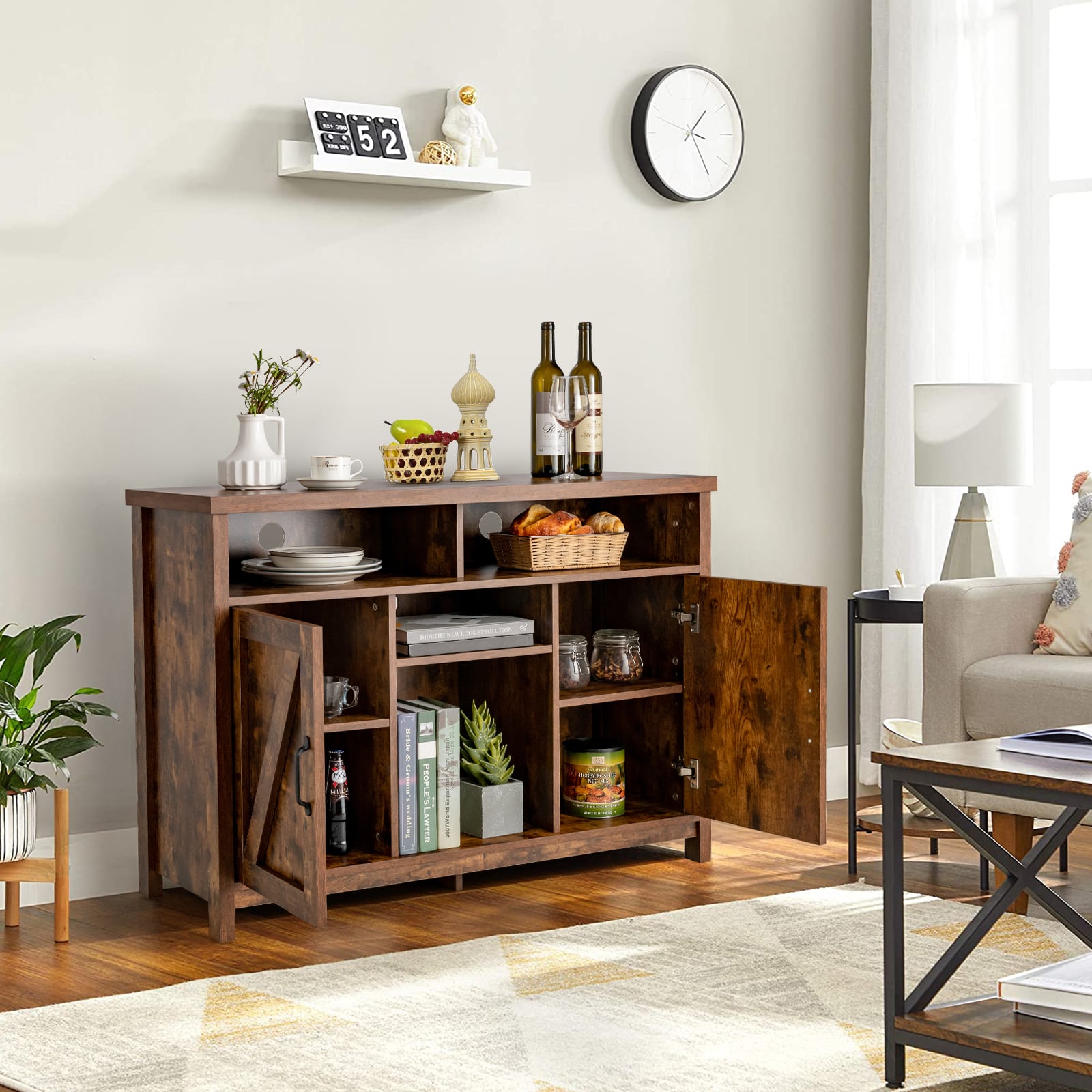 Buffet Storage Cabinet with Detachable 9-Bottle Wine Rack and 2 Door Cabinets-Rustic Brown