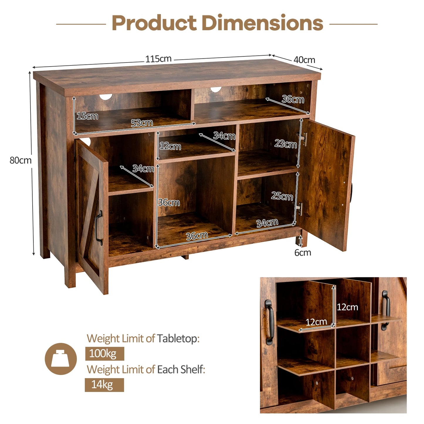 Buffet Storage Cabinet with Detachable 9-Bottle Wine Rack and 2 Door Cabinets-Rustic Brown