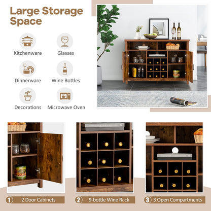 Buffet Storage Cabinet with Detachable 9-Bottle Wine Rack and 2 Door Cabinets-Rustic Brown