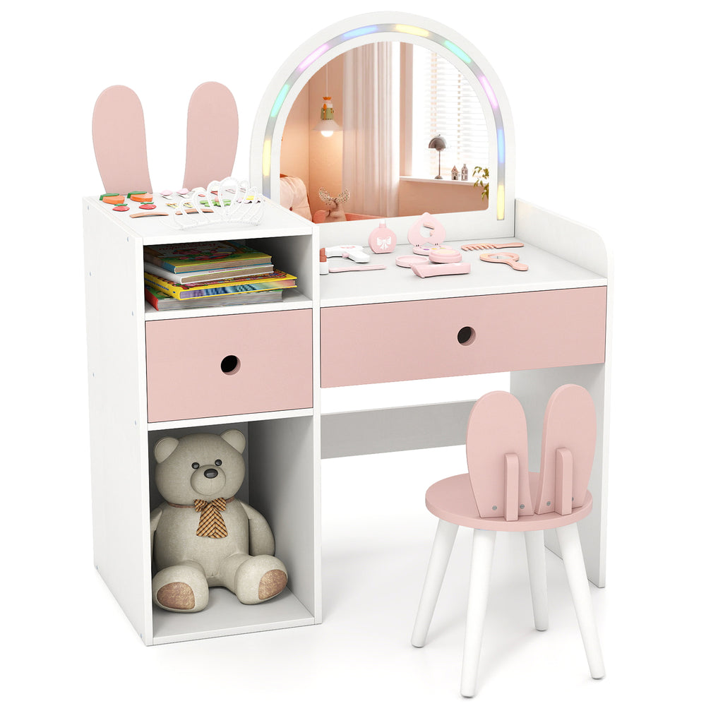 Bunny Kids Vanity Table and Chair Set with Lighted Mirror-Pink & White