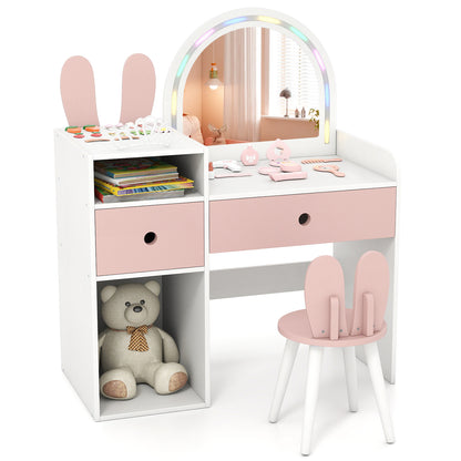 Bunny Kids Vanity Table and Chair Set with Lighted Mirror-Pink & White