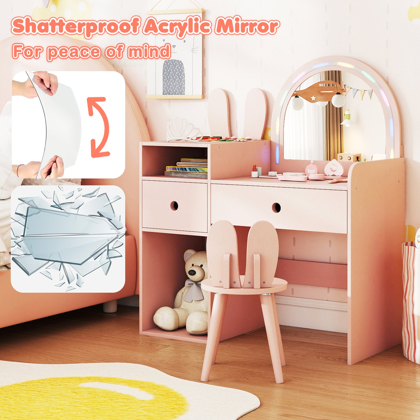 Bunny Kids Vanity Table and Chair Set with Lighted Mirror-Pink