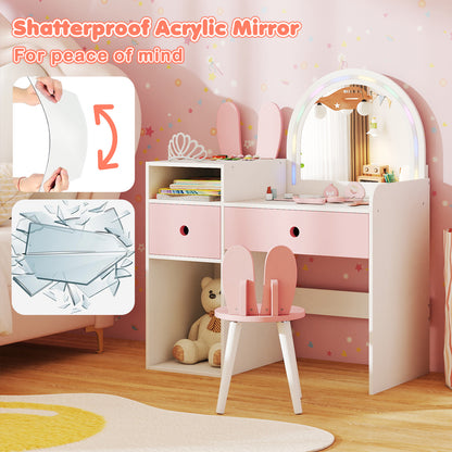 Bunny Kids Vanity Table and Chair Set with Lighted Mirror-Pink & White