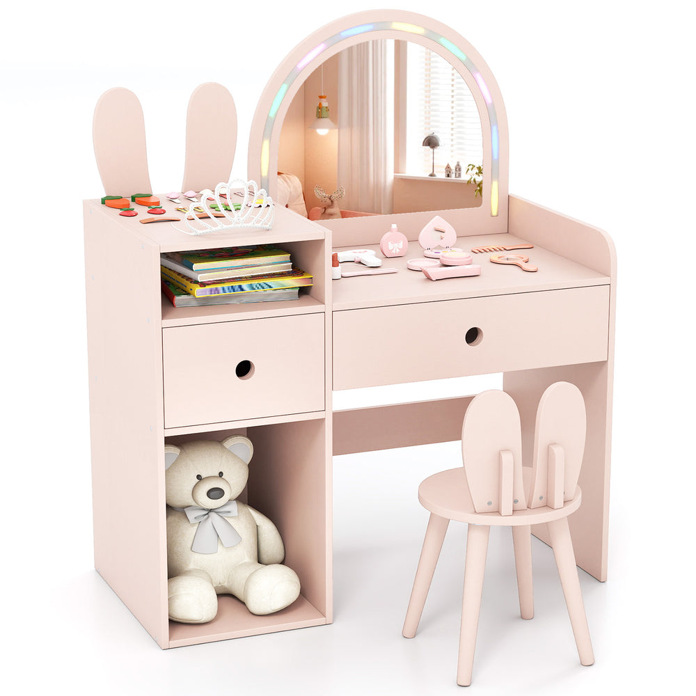 Bunny Kids Vanity Table and Chair Set with Lighted Mirror-Pink