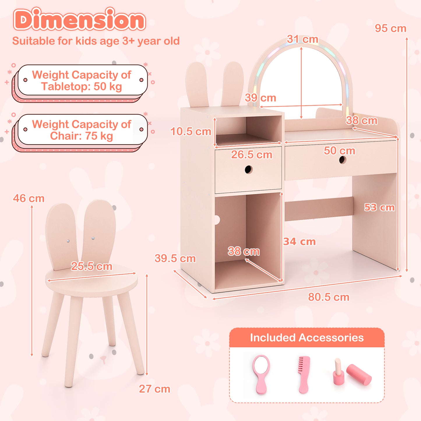Bunny Kids Vanity Table and Chair Set with Lighted Mirror-Pink