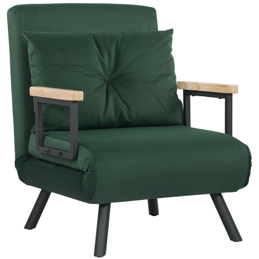HOMCOM 4-in-1 Velvet-Feel Single Chair Bed, with Pillow - Green