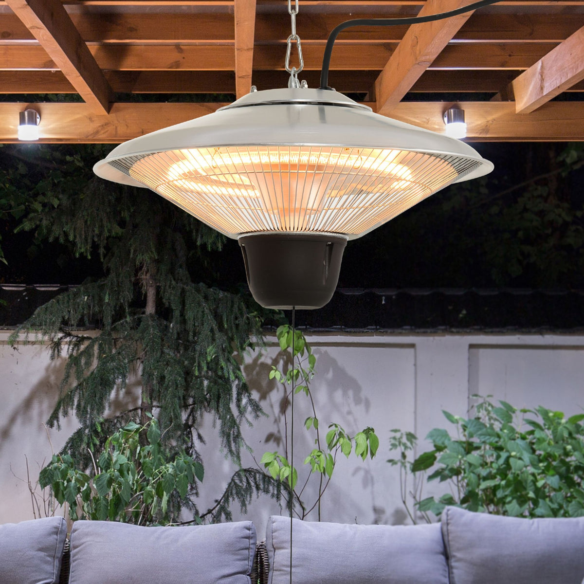Outsunny 1500W Outdoor Heater Outdoor Ceiling Mounted Aluminium Halogen Electric Hanging Heating Light Pull Switch Control