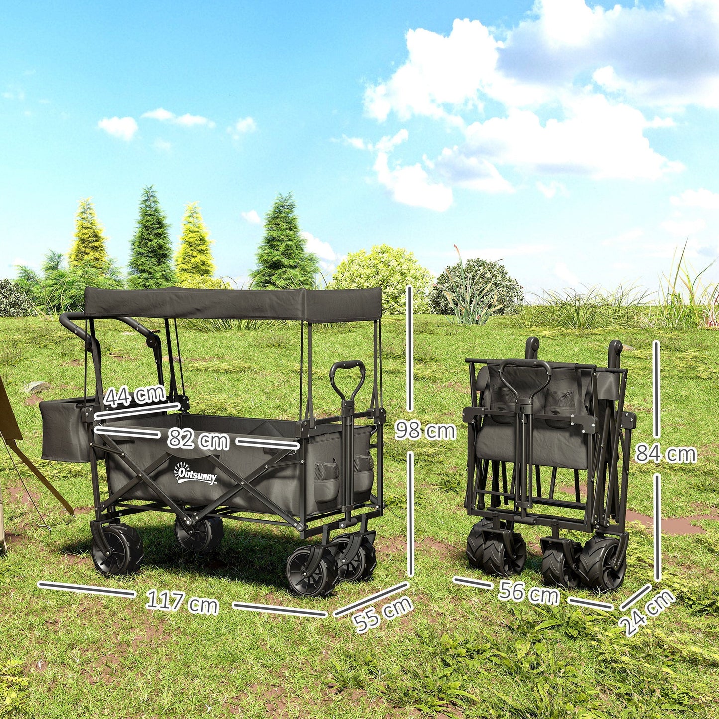 Outsunny Folding Trolley Cart Storage Wagon Beach Trailer 4 Wheels with Handle Overhead Canopy Cart Push Pull for Camping, Black