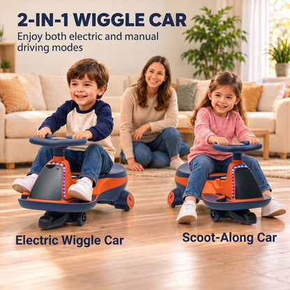 AIYAPLAY 12V Electric Wiggle Car, 2-In-1 Kids Ride On Toy with 2 Speeds, Soft Start, PU Wheels, RGB Lights, Up to 60 kg, Orange