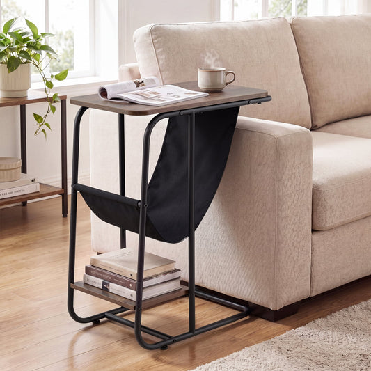 C-Shaped End Table with Canvas Book Holder and Bottom Storage Shelf-Ruticbrown
