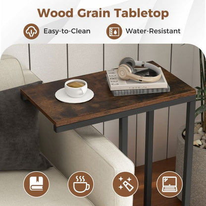 C-Shaped End Table for Couch and Bed with Metal Frame-Rustic Brown