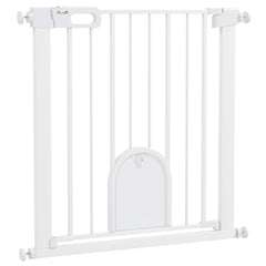 PawHut 75-82cm Pet Safet Gaye, Pressure Fit Stair, with Cat Flap, Double Locking, White