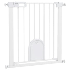 PawHut 75-82cm Pet Safet Gaye, Pressure Fit Stair, with Cat Flap, Double Locking, White